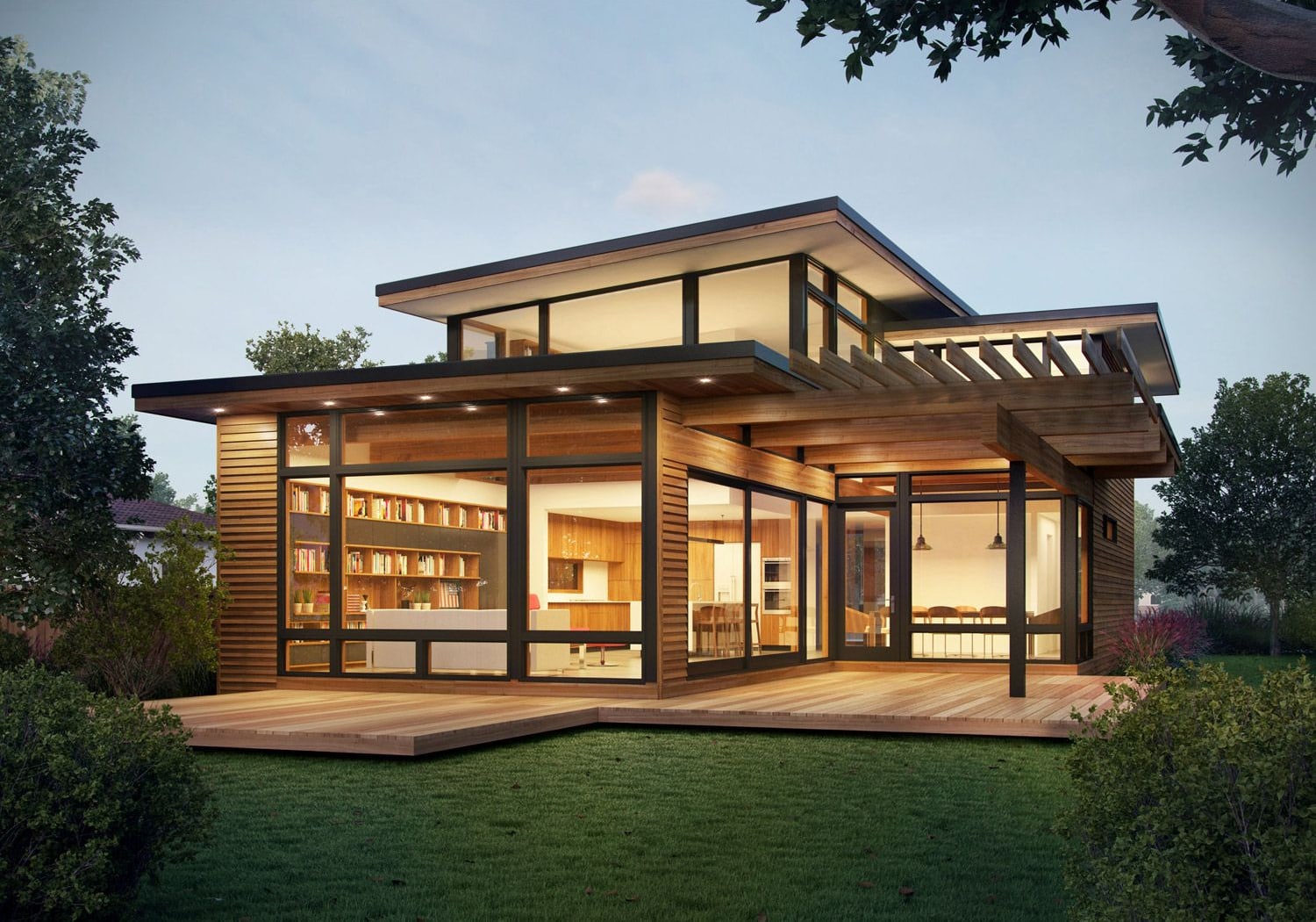 Illustrative reference of a timber pavilion residence with full-height glazing