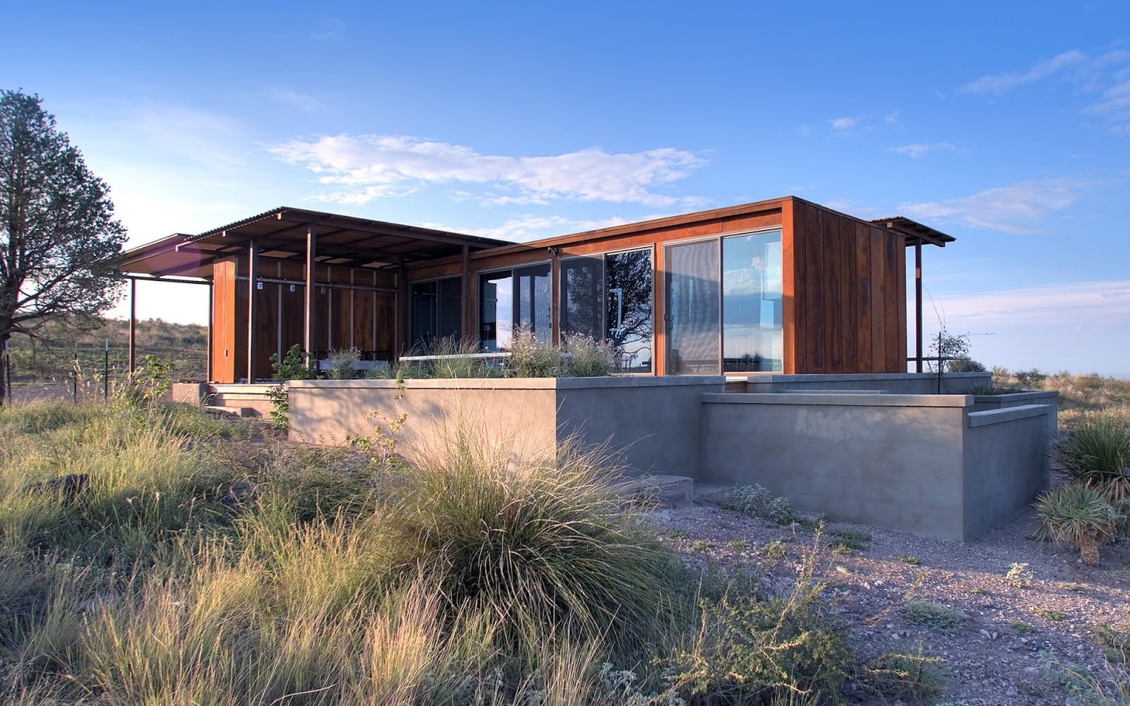 Illustrative reference of a timber and steel residence in dry ornamental grass
